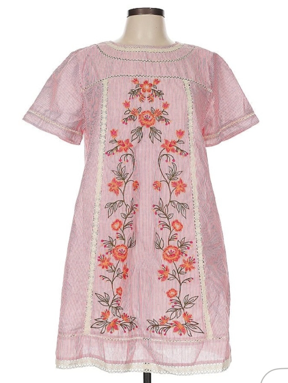 Embroidered Pink Stripe Shirt Dress
